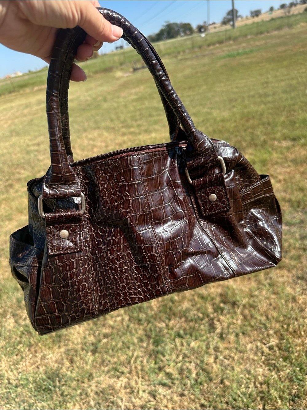 Women's Faux Croc-Embossed Brown Handbag